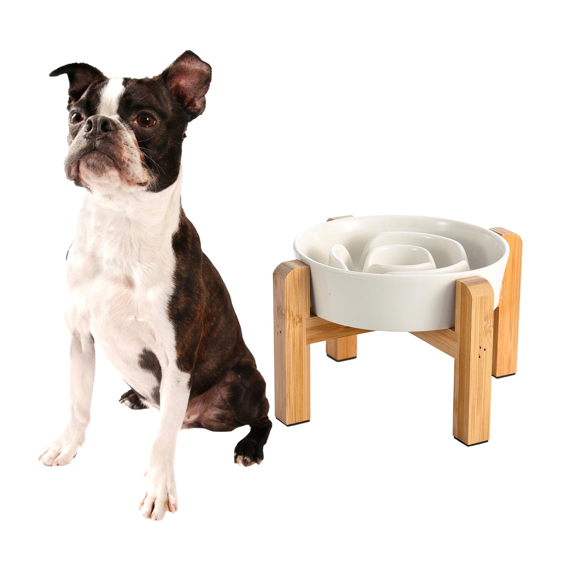 Elevated Slow Feeder Dog Bowl - Ceramic Maze Food Dish with Bamboo Stand - Raised Feeding Bowl for Fast Eaters - Ideal for Small