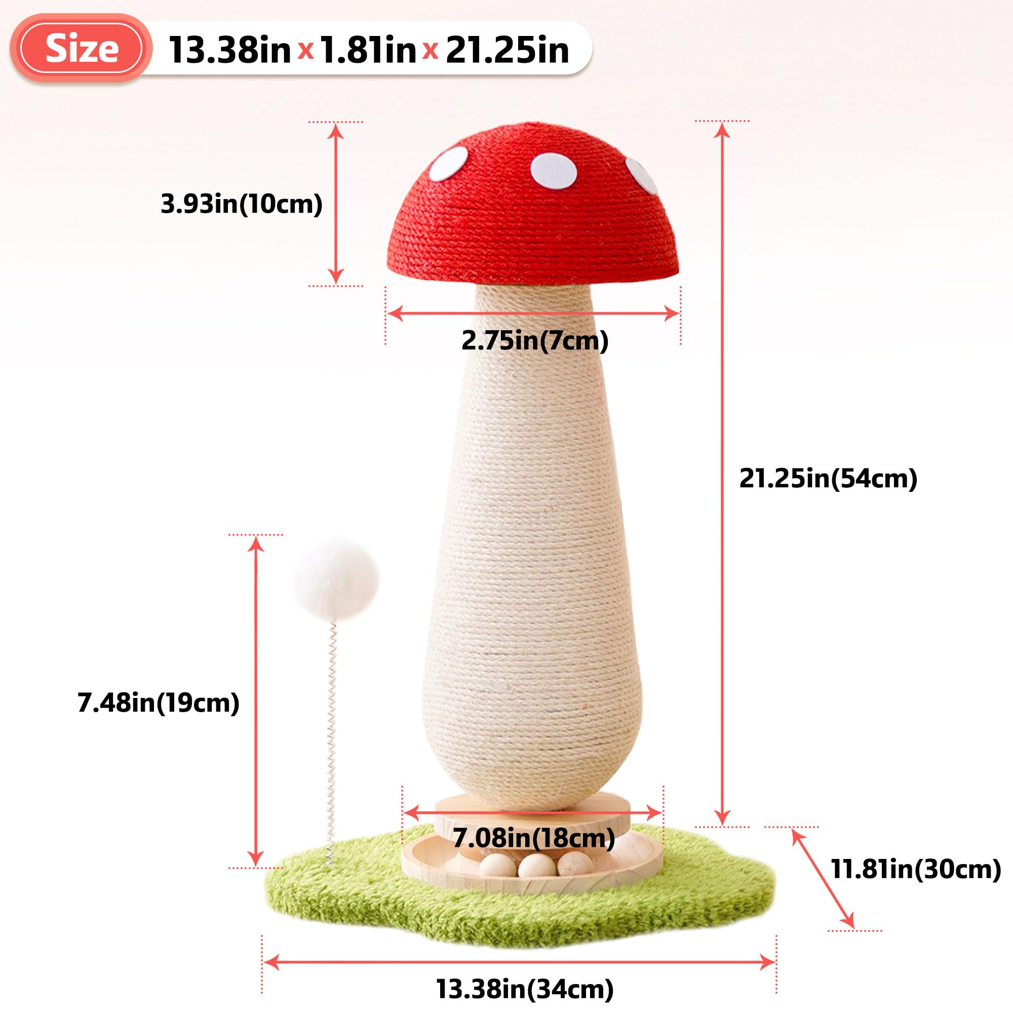 21.5 H Cat Scratching Post With Catnip,Cute Mushroom Cat Scratcher Post With Durable Natural Wooden Turntable Toy,Mushroom Shape