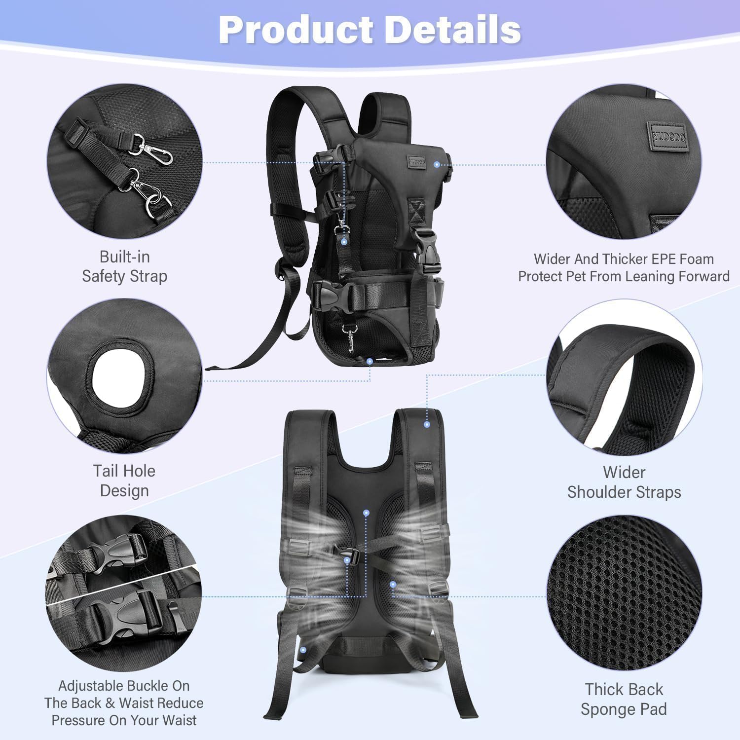 YUDODO Medium Black Pet Carrier Backpack for Small Dogs & Cats - Breathable Mesh, Ergonomic Support, Adjustable for Travel & Hiking