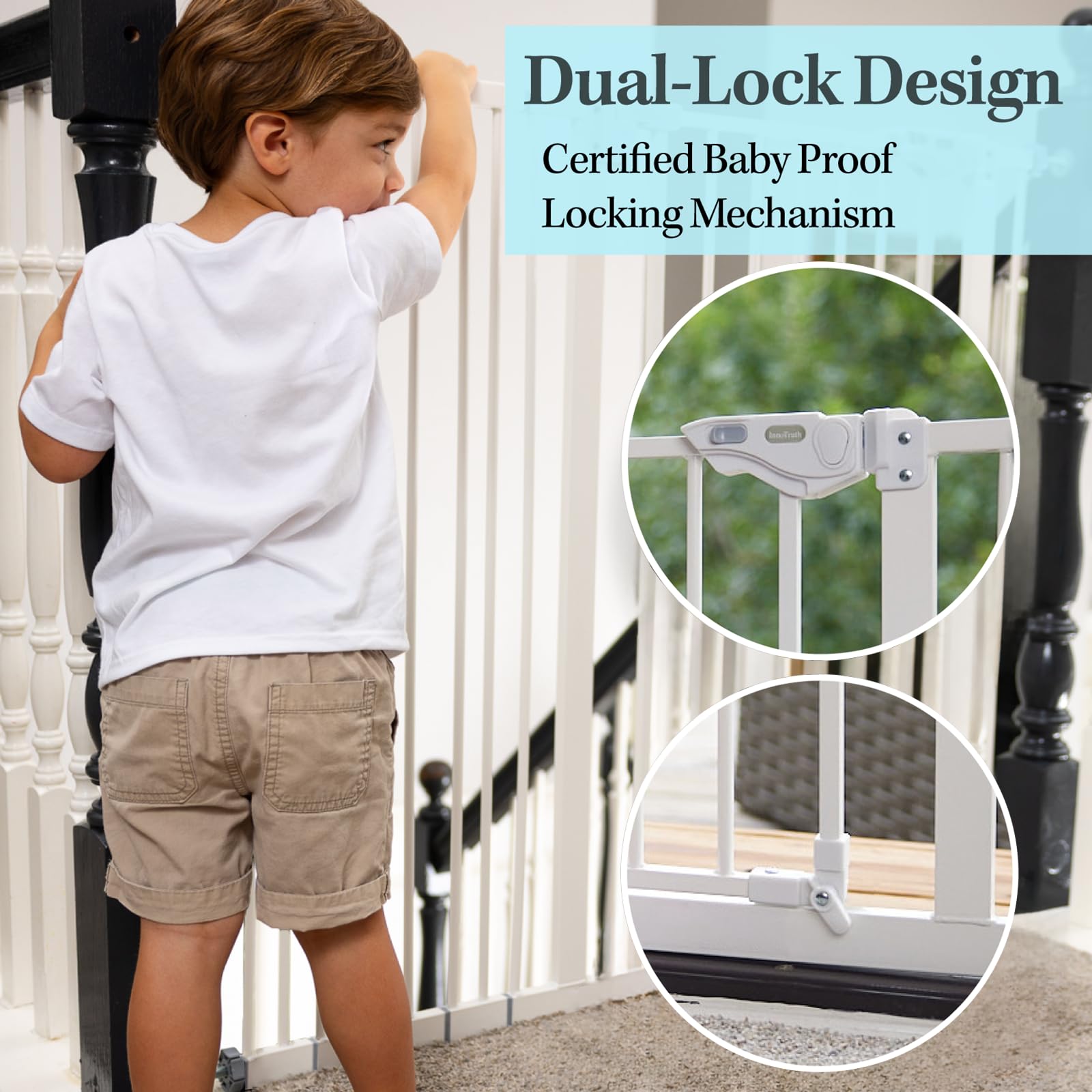 Innotruth 29-39.6”Baby Gate For Stairs,36' Extra Tall Dog Gate For The House,Dual-Lock Safety And One Hand Opening Design,Kid Gate For Doorways,Kitchen,Room,Wall-Friendly Pressure Mounted, Pure White