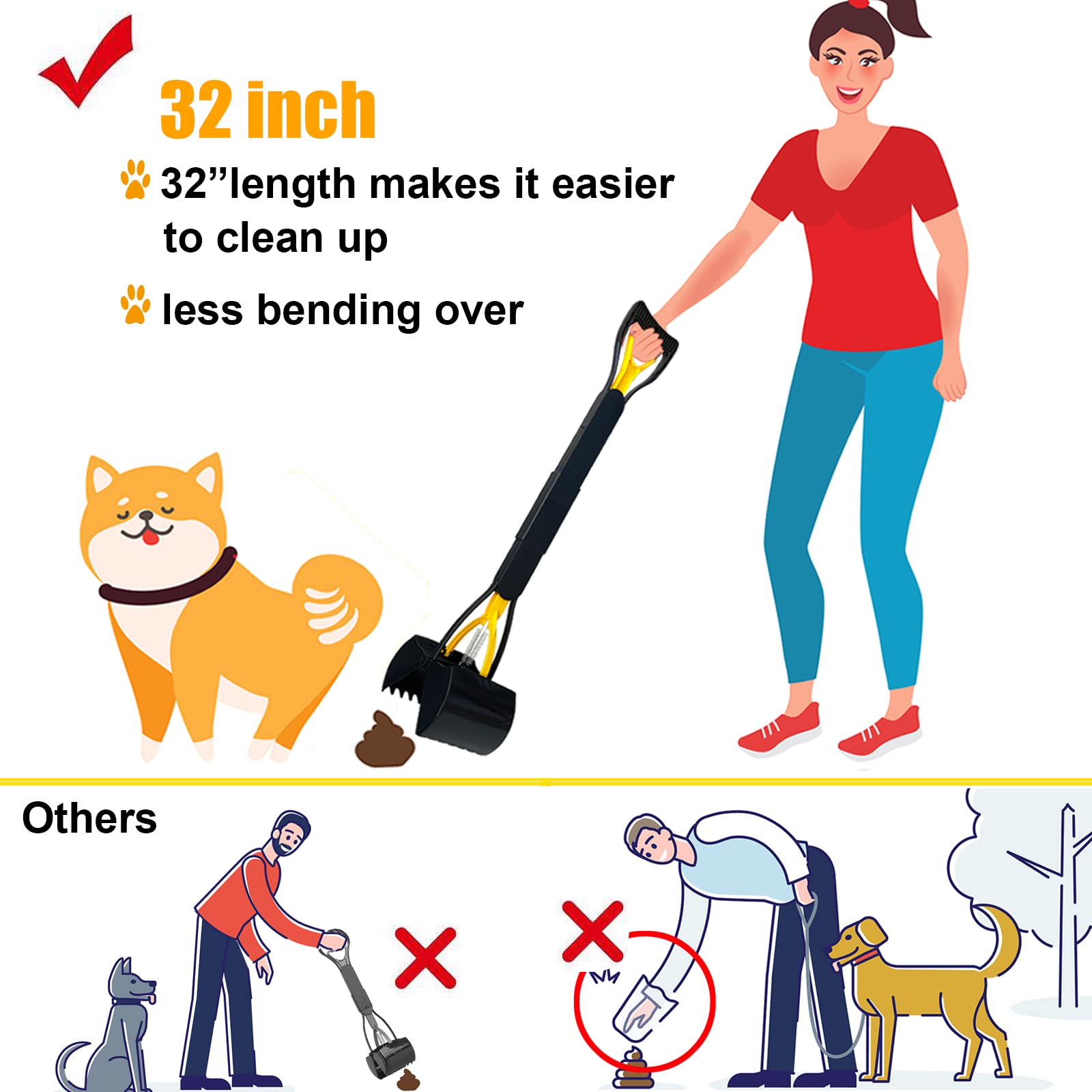 ienjoyed 32 Tall Pooper Scooper for Dogs - Heavy Duty, Long Handle, Durable Spring, Foldable, Yellow