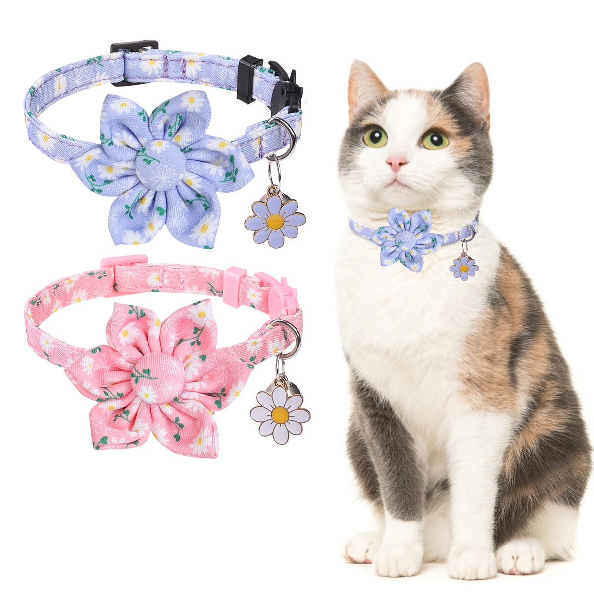 Dillybud Breakaway Cat Collars For Girl Boy Cats, 2 Pack Cute Kitten Collar With Bells & Flowers, Safety Adjustable Female Male 
