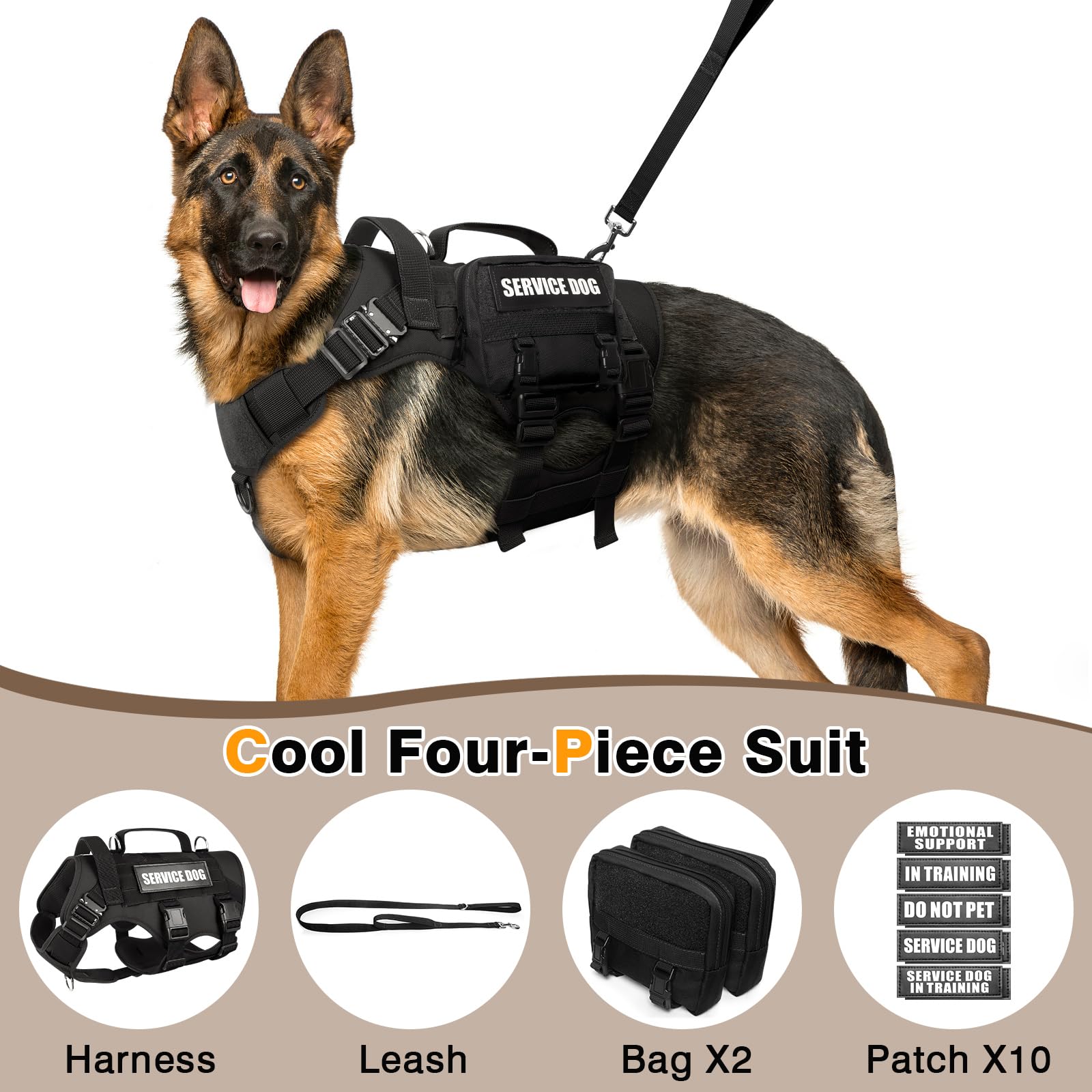 Winsee Tactical Dog Harness With Dog Leash, Service Working Molle Vest With 10 Pet Patches For Large Dog, No Pull Military Harne
