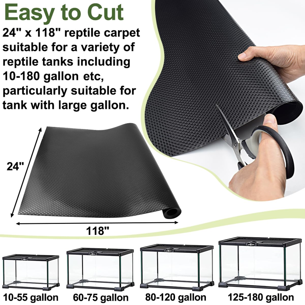 TCYPUHL Large Reptile Carpet Mat, 24" x 118", Black, Ideal for Bearded Dragons, Snakes, and Tortoises, 1 PCS Thicker Bedding