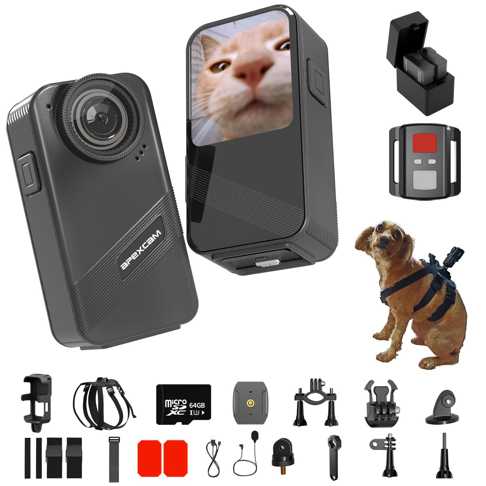 Apexcam Dog Collar Camera With 64Gb Sd Card, 4K Cat Collar Camera With Touch Screen, Dog Collar With Camera For Video Records, P