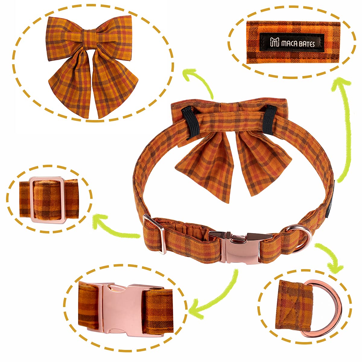 Maca Bates Fall Dog Collar With Sailor Bow Tie Pumpkin Plaid Dogs Collars With Bowtie Checkered Halloween Thanksgiving Day Adjus