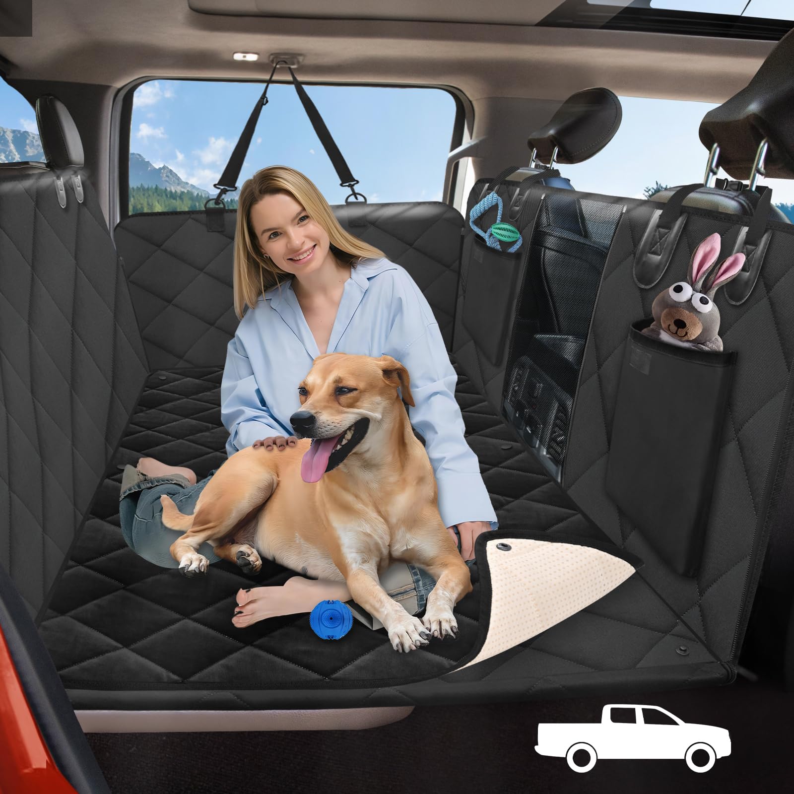 Rouwinne Back Seat Extender For Dogs Truck-With Soft Blanket, Dog Pet Seat Cover Back Seat Hard Bottom Holds 400Lbs, Backseat Do