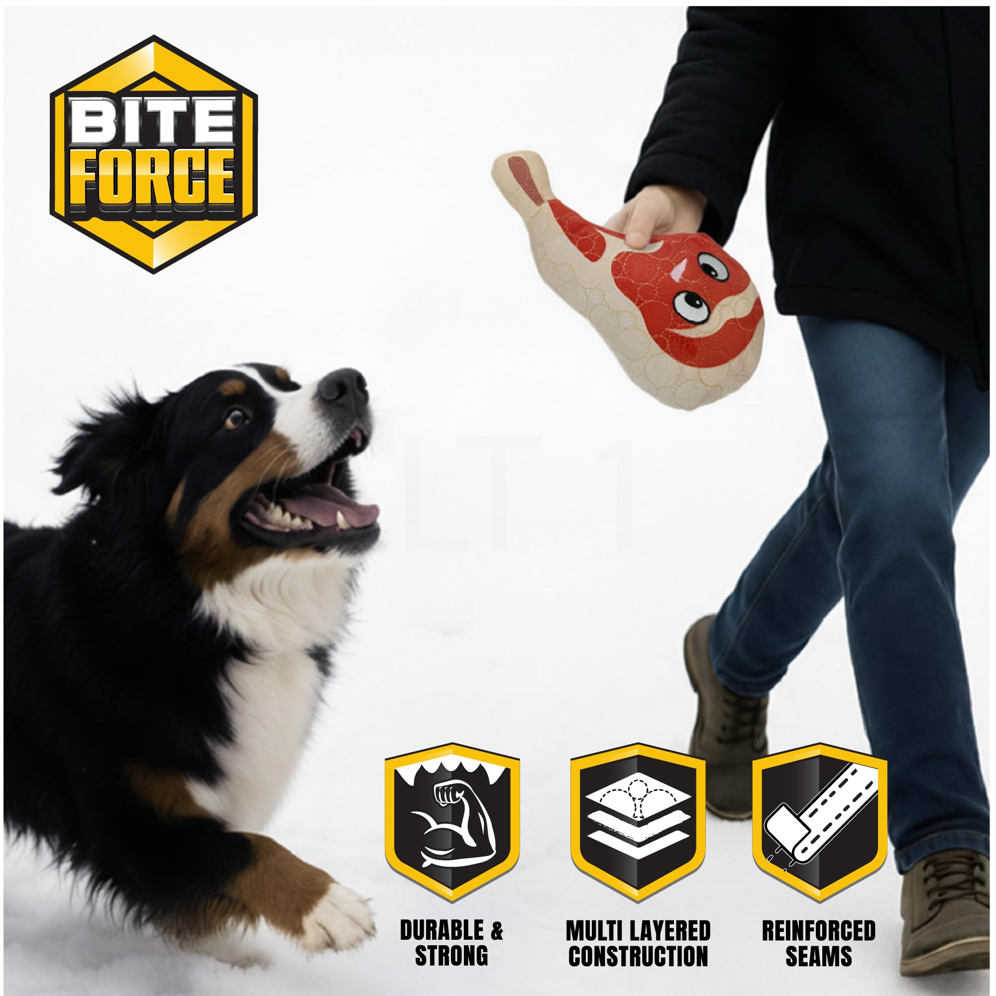 Bite Force - Durable & Strong Dog Toy Ribby with Squeaker, Kevlar-Reinforced Seams for Aggressive chewers- Red.