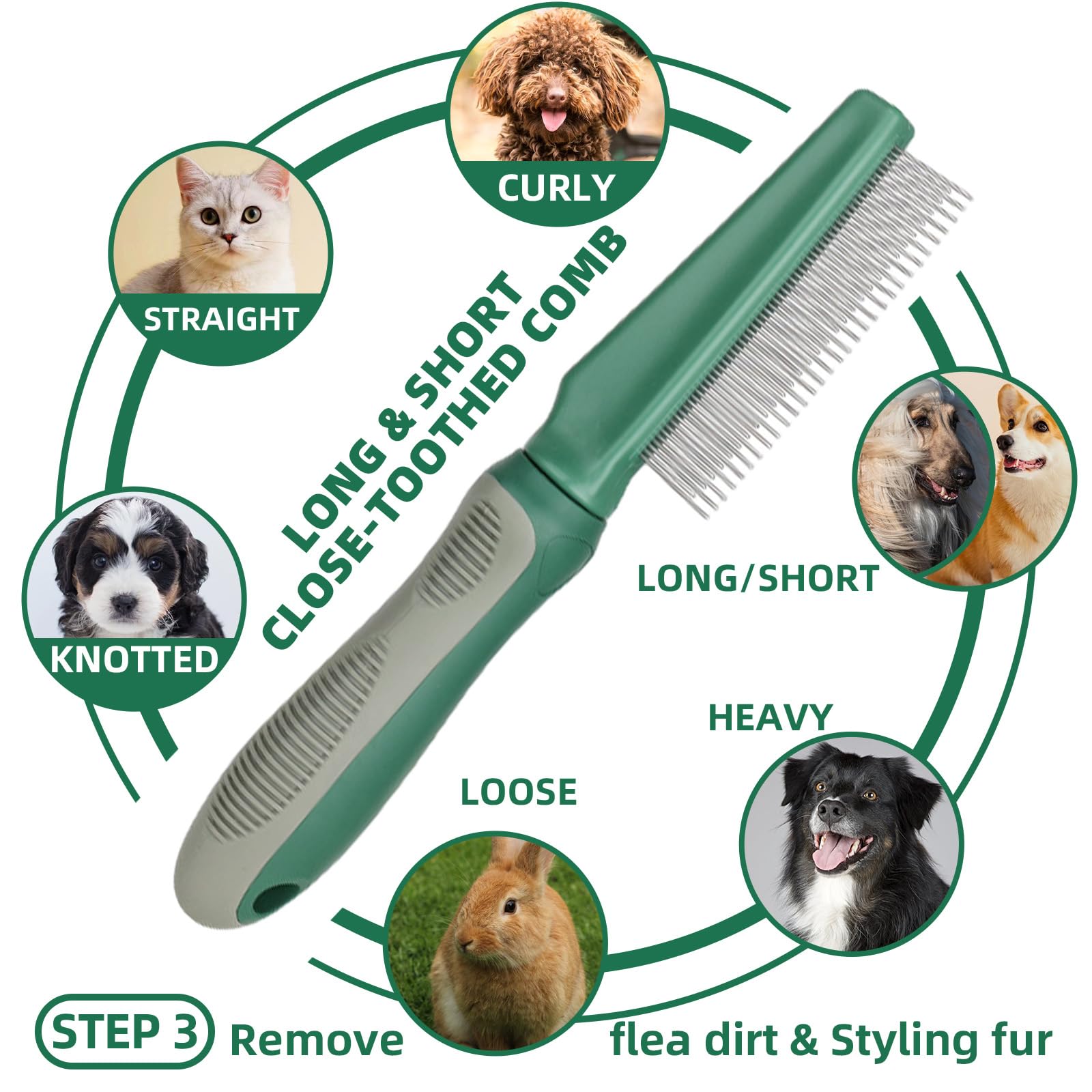 Kueiox Pet Grooming Kit - 7 Pcs Green Deshedding Brush Set With Undercoat Rake, Slicker Brush, Bath Brush & Nail Clipper For Sho