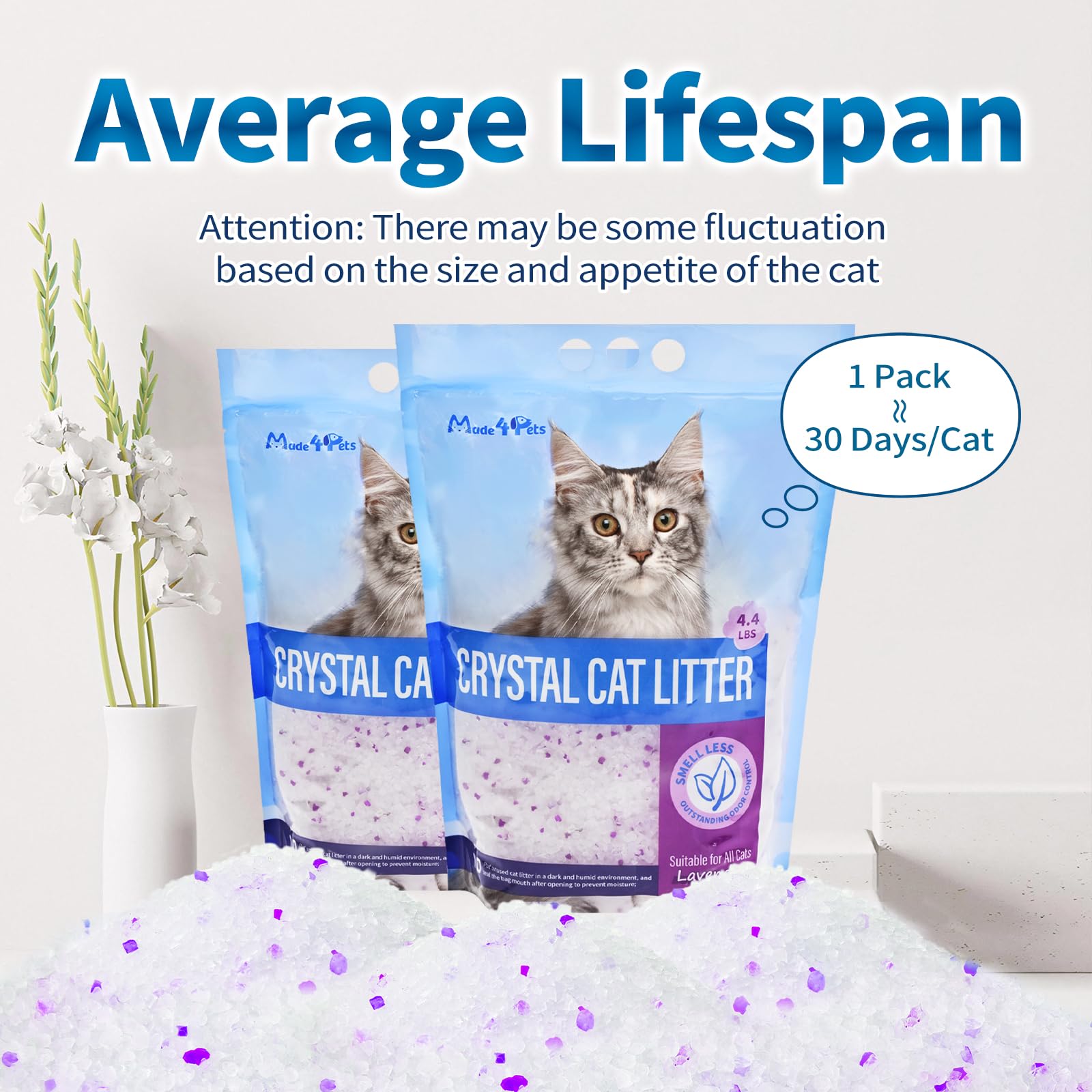 MADE 4 PETS Cat Litter Crystals, Non-Clumping, Lavender, 25.8 lbs (6 x 4.3 lb Packs), Low Dust, Odor Control, Lightweight