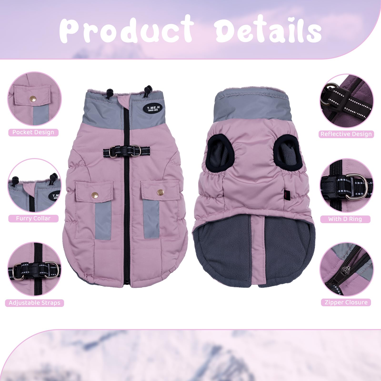 Gyuzh Dog Jacket With Faux Fur Collar & Reflective Pockets - Adjustable Winter Coat For Small To Xx-Large Dogs (Pink)