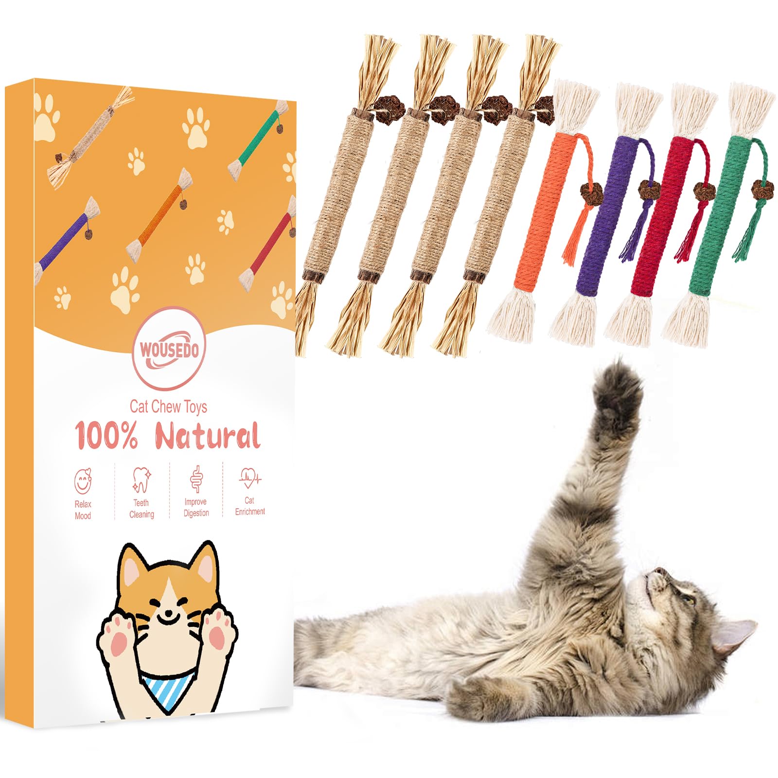 Wousedo 8 Pack Catnip Chew Toys For Cats,Cotton Sisal Rope Toys,Cat Natural Silvervine Sticks,For Cat Teeth Cleaning And Dental 