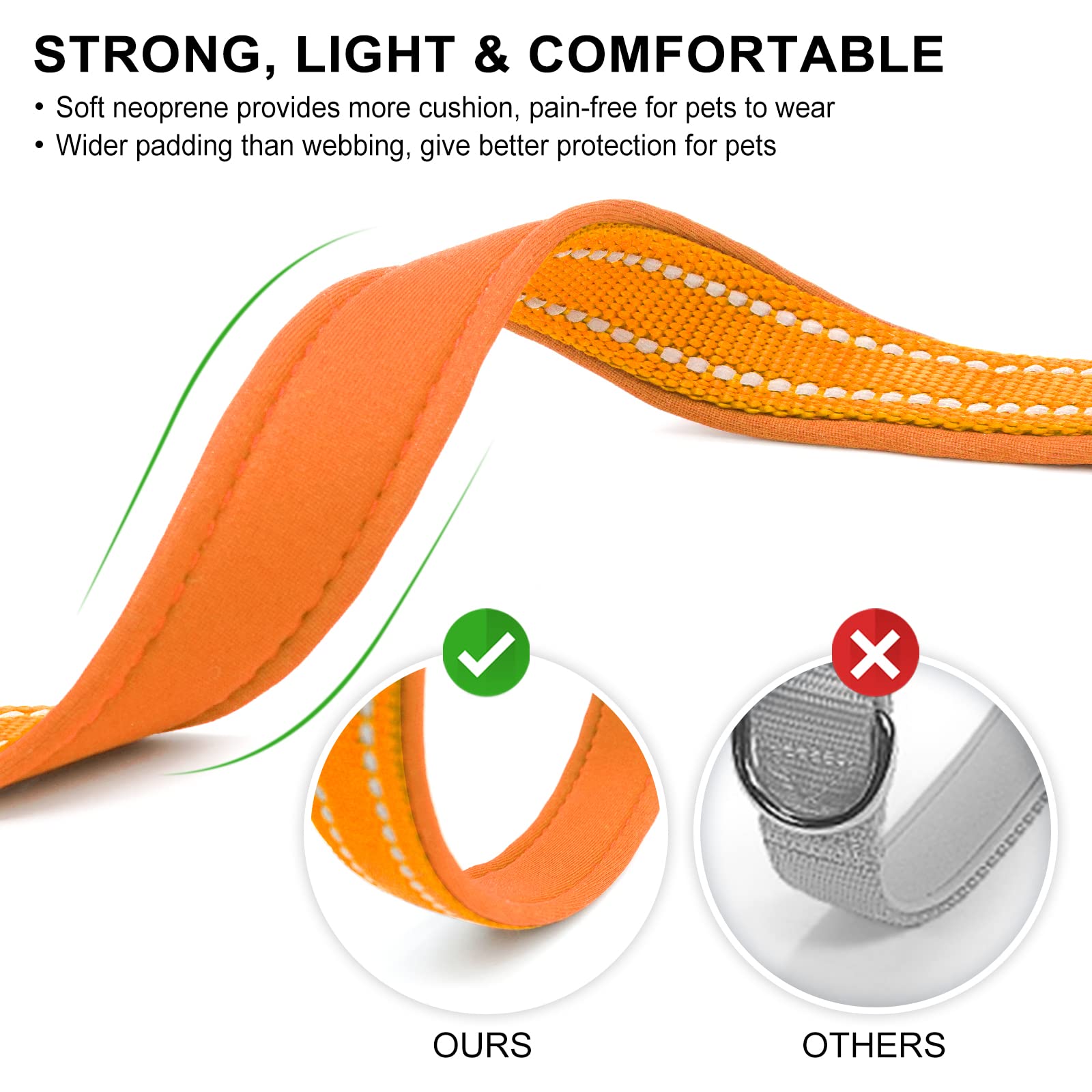 Azuza Reflective Dog Collar, Soft Neoprene Padded Pet Collar With Id Tag Ring, Adjustable For Large Dogs,Orange,L