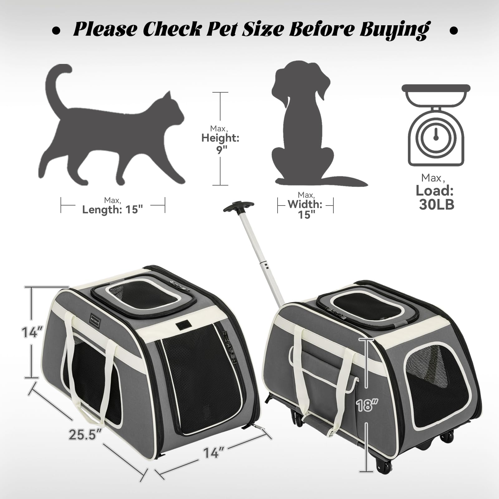 Petsfit Large Pet Carrier With Wheels Designed For 2 Small Dogs/Multiple Kittens/Medium Dogs With Adjustable Safety Rope & Water