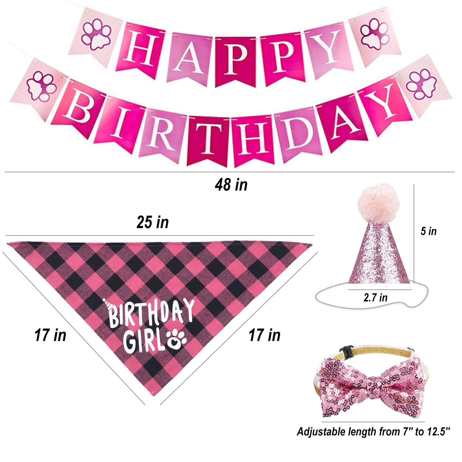Dog Birthday Bandana Hat Scarf Set, Dog Birthday Party Supplies Dog Bandana Hat Scarfs Happy Birthday Banner With Cute Dog Bow Tie Collar Boy Girl Puppy Birthday Hat Scarf Classic Plaid Design (Pink)