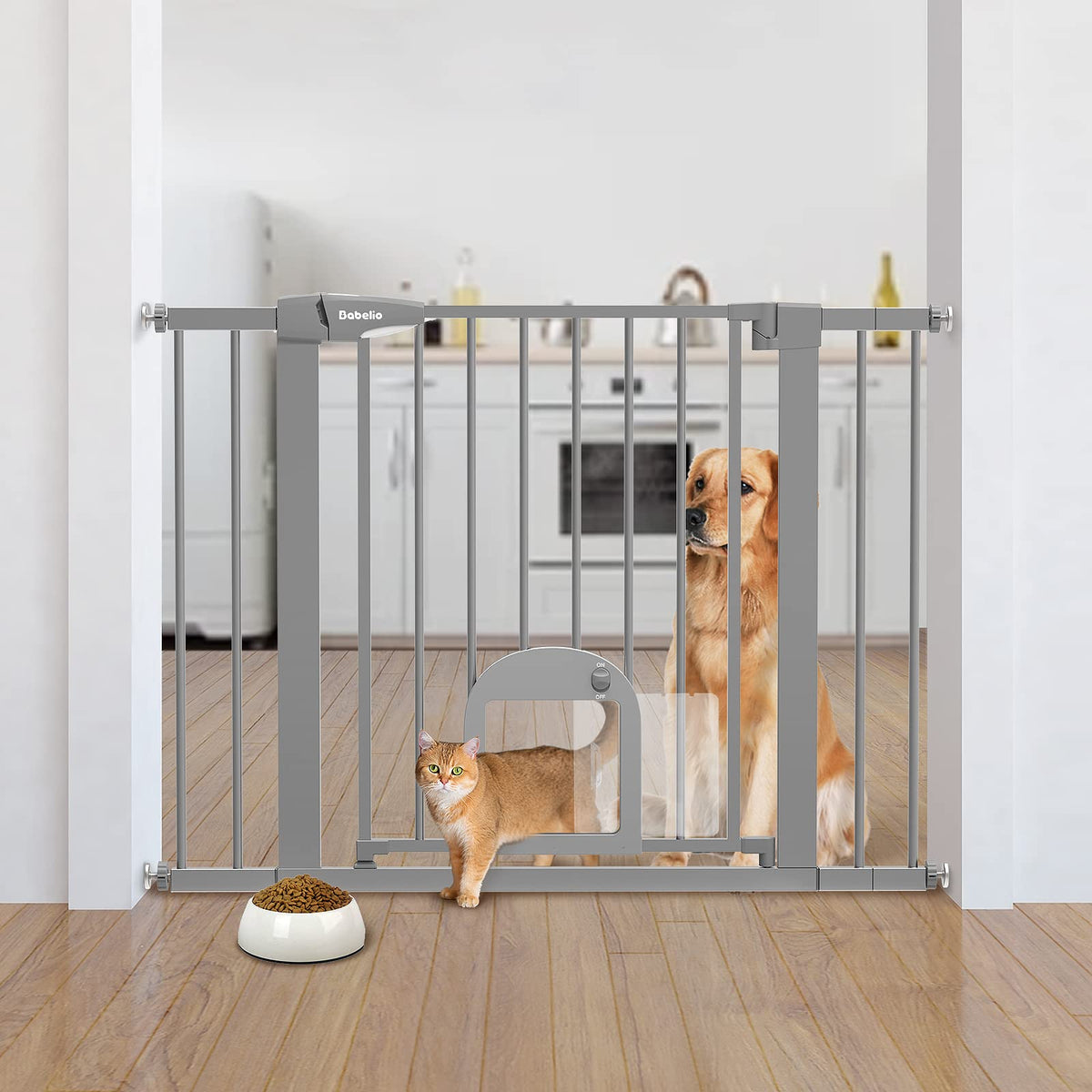 Babelio Upgraded Baby Gate With Cat Door, 29-43'' Auto Close Durable Dog Gate For Stairs, Doorways And House, Easy Walk Thru Saf