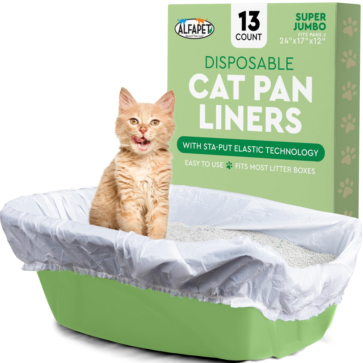 Alfapet Elastic Cat Litter Box Liners - Super Jumbo 13 Count - Tear-Resistant Cat Litter Bags, Waterproof Kitty Litter Liners - 