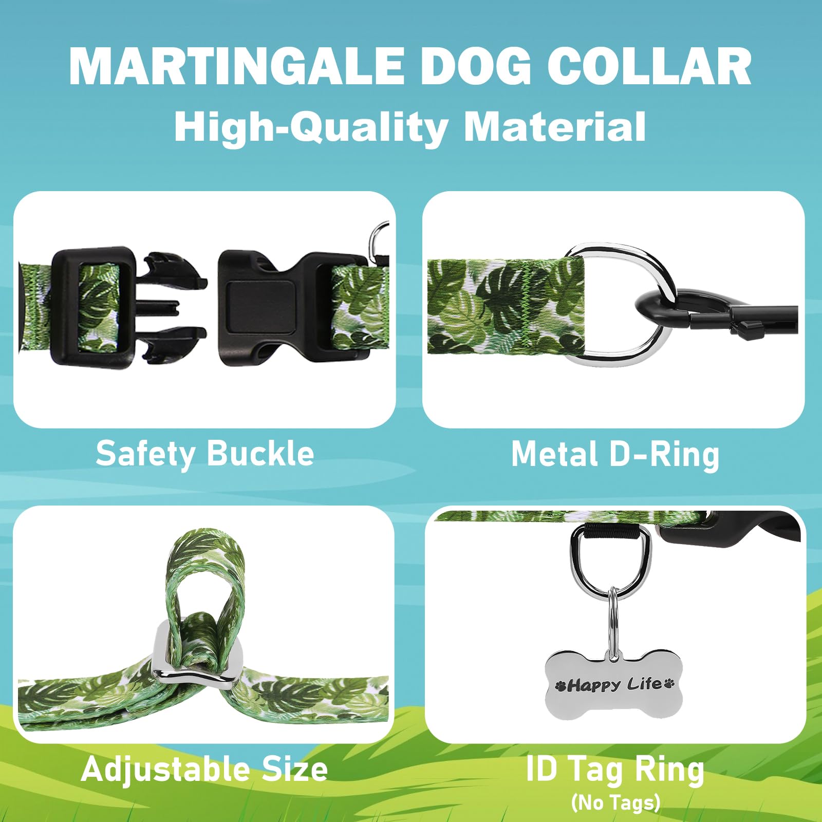Fidohug Martingale Collar For Dogs With Buckle Adjustable Nylon Tropical Slip No Pull Training Dog Collars (Palm Leaf, Large)