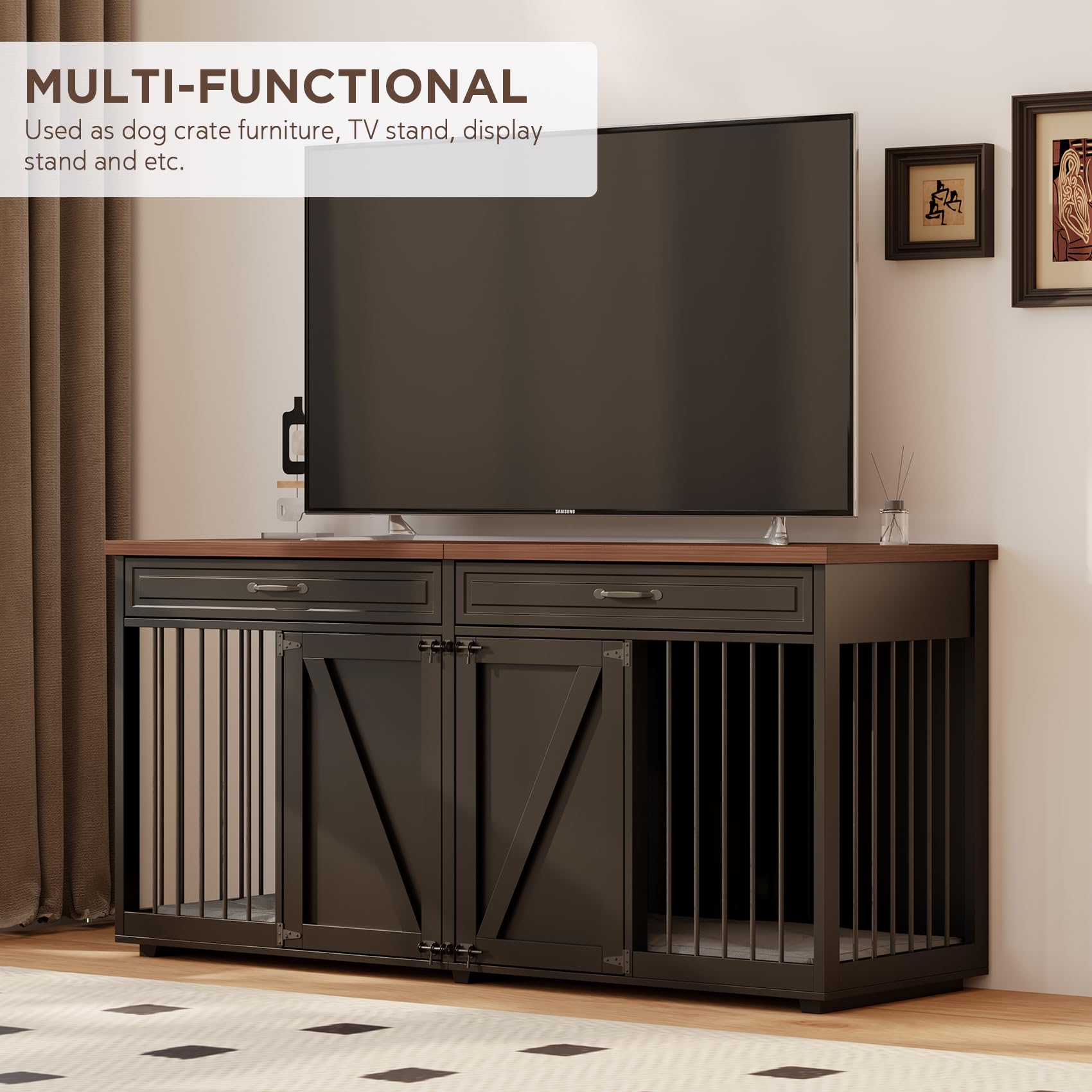Furniture Style Dog Crate - Indoor Wooden Dog Kennel Furniture with 2 Drawers & Room Divider - 72 L x 23.6 W x 34 H - Black