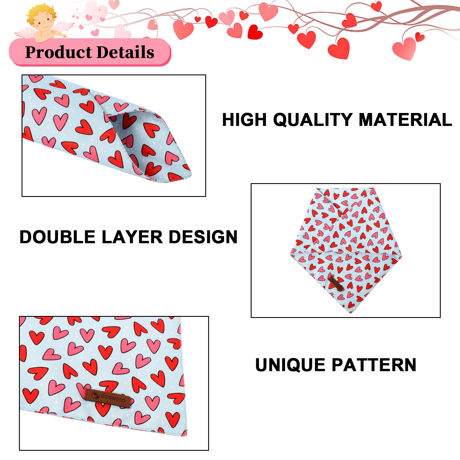 Dogwong Valentine'S Dog Bandanas 2 Pack, Triangle Reversible Love Heart Pet Scarf Durable Heart Holiday Bandana For Small And Me