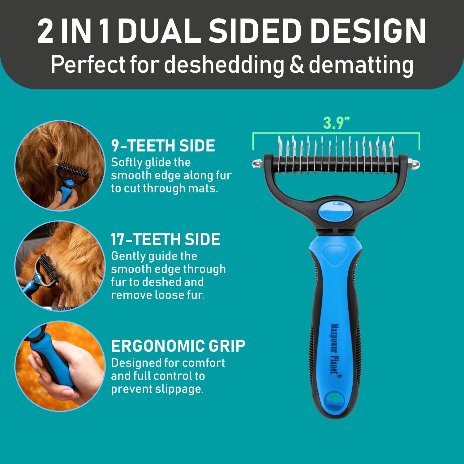 Maxpower Planet Pet Grooming Brush And 2X Grooming Gloves Combo - Double Sided Dematting, Deshedding Undercoat Rake For Dogs And