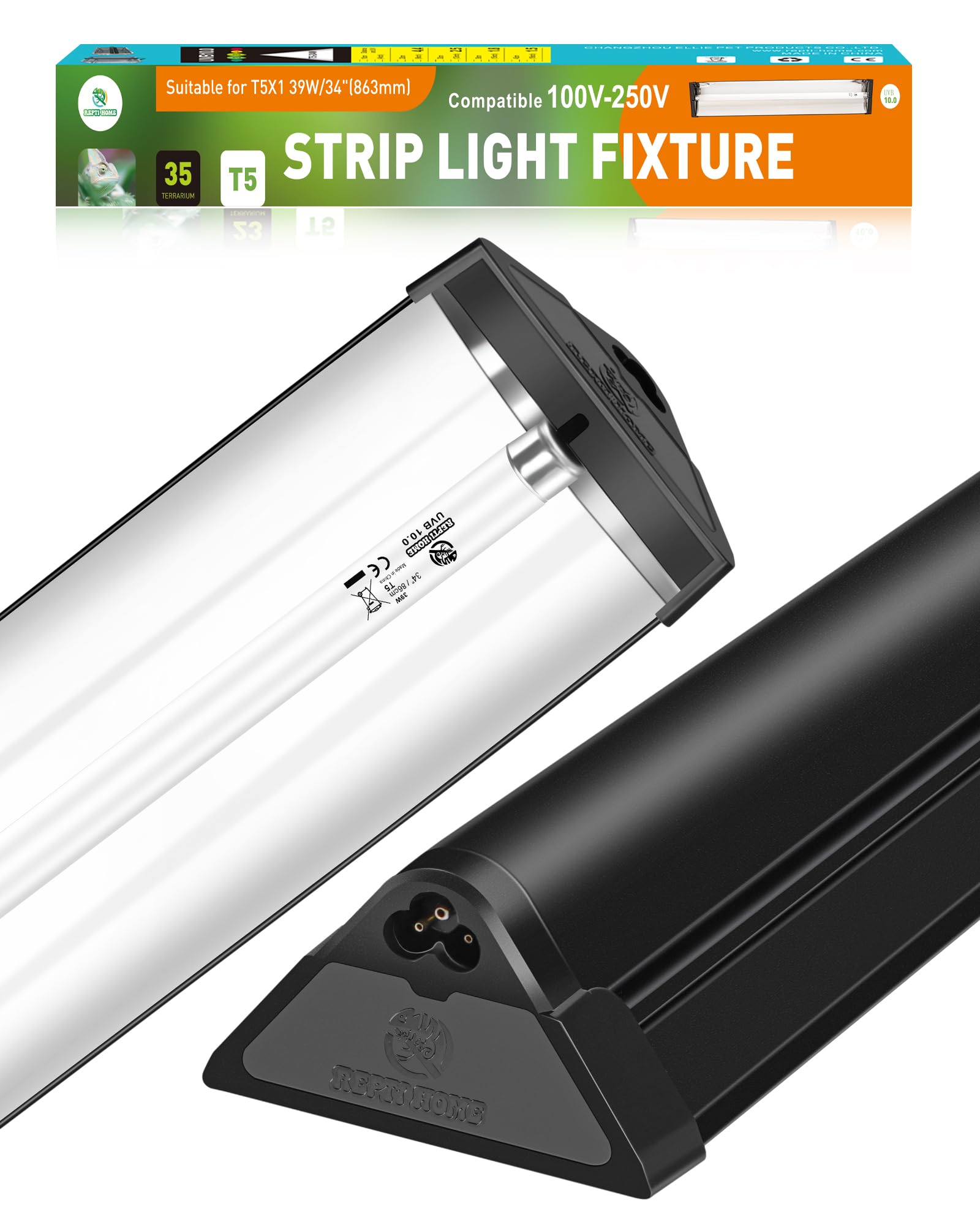 Repti Home T5 Uva Uvb Reptile Light Combo Kit(100V-250V Wide Voltage), Reptile Light Fixture With Uvb 10.0 Fluorescent Tube, 39W