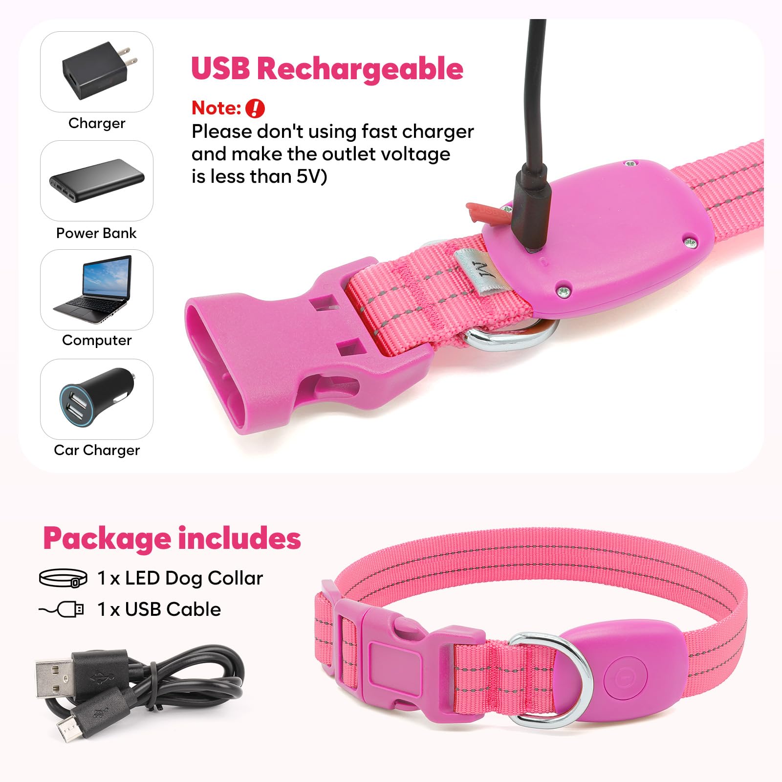 Led Lighted Reflective Dog Collar For Night Safety, Usb Rechargeable, Glow Collar For Dogs, Waterproof, Adjustable Flashing (Pin