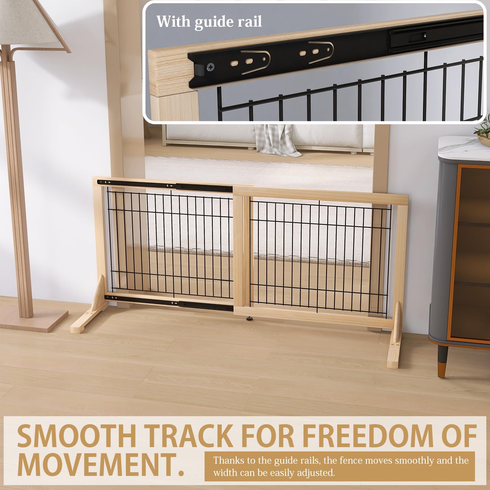 YOCAN Extra Wide Adjustable Dog Gate, 19.7" Tall, 31.5–61" Wide, Wood & Metal Frame, No Drill Pressure Mount, Black/Natural