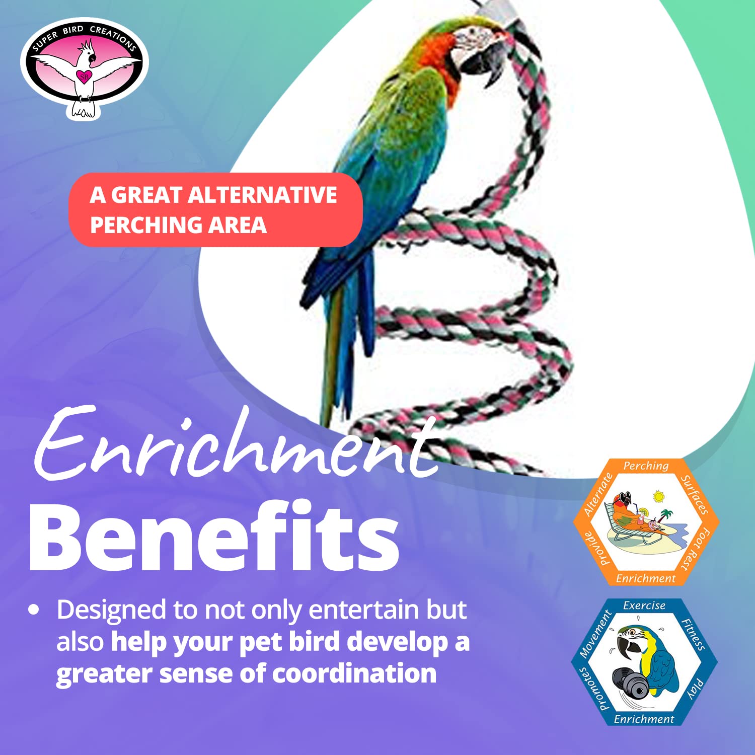 Super Bird Creations Sb324 Colorful Cotton Rope Bungee Bird Toy, Medium Bird Size, 3/4'' Diameter X 66''