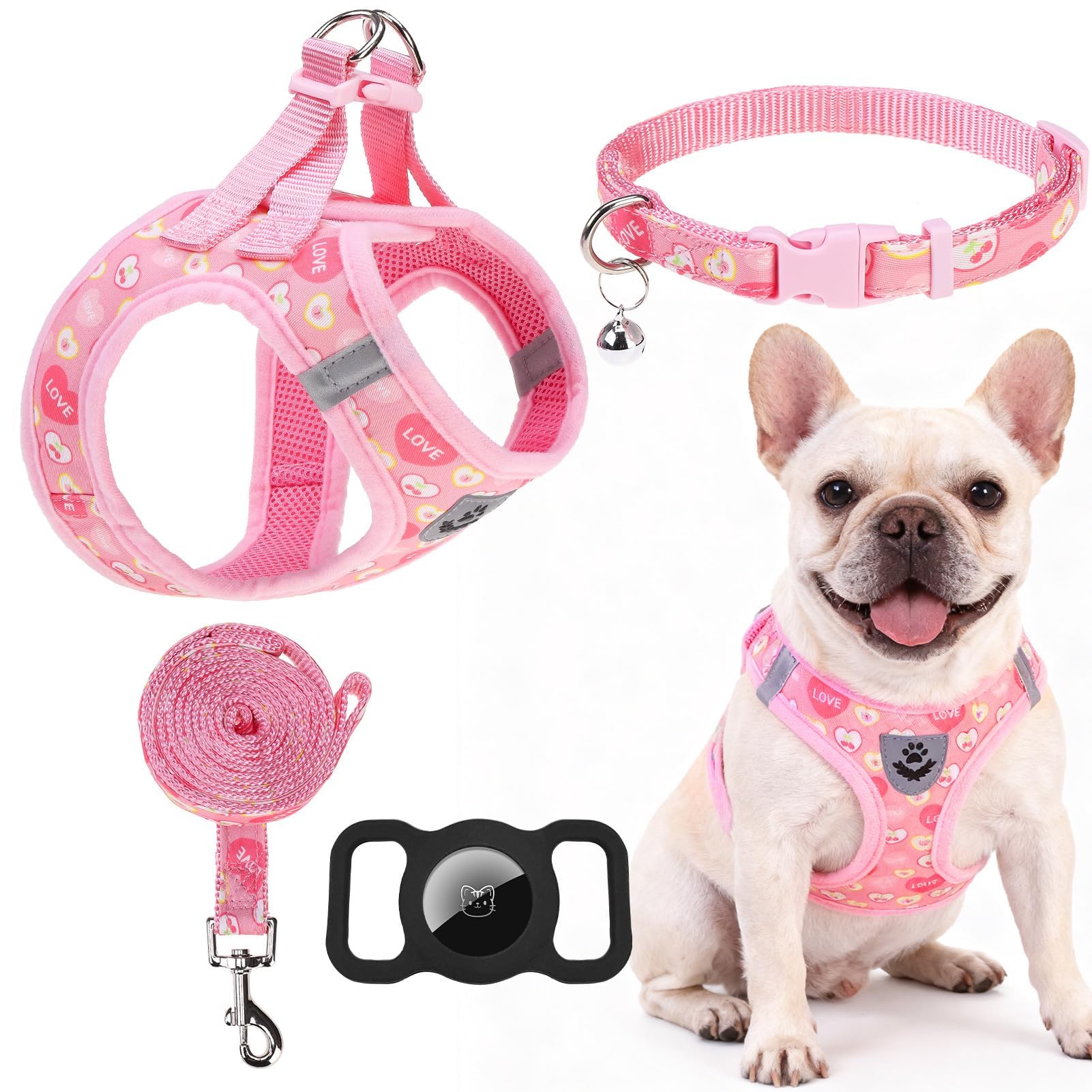 EXPAWLORER Small Dog Valentines Harness and Leash Set - Cute Puppy Harness Leash Dog Collar with AirTag Holder Silicone Case, So