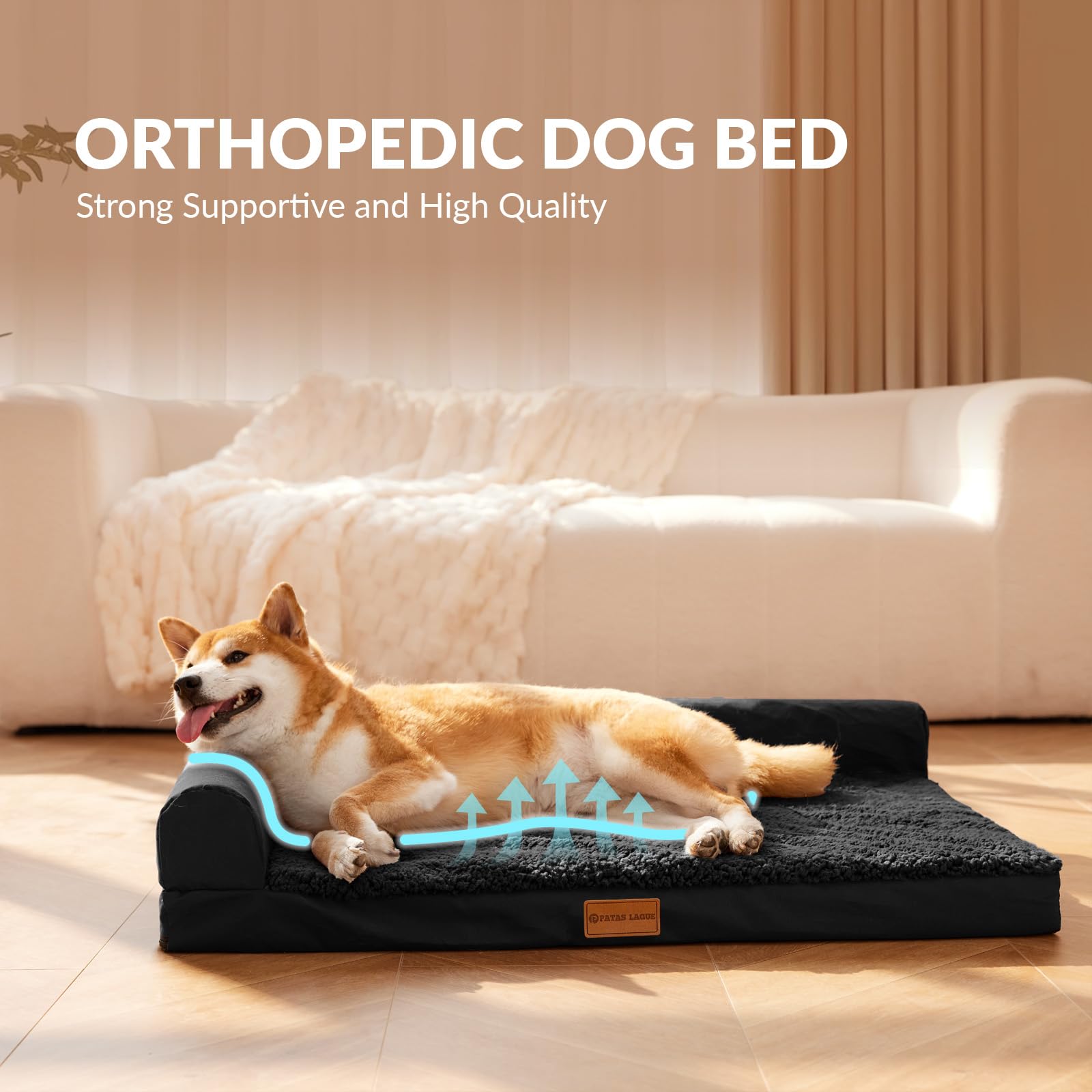 Patas Lague Orthopedic Dog Bed For Large Dogs, Waterproof L Shaped Large Pet Sofa Beds With Removable Washable Cover, Soft Comfo