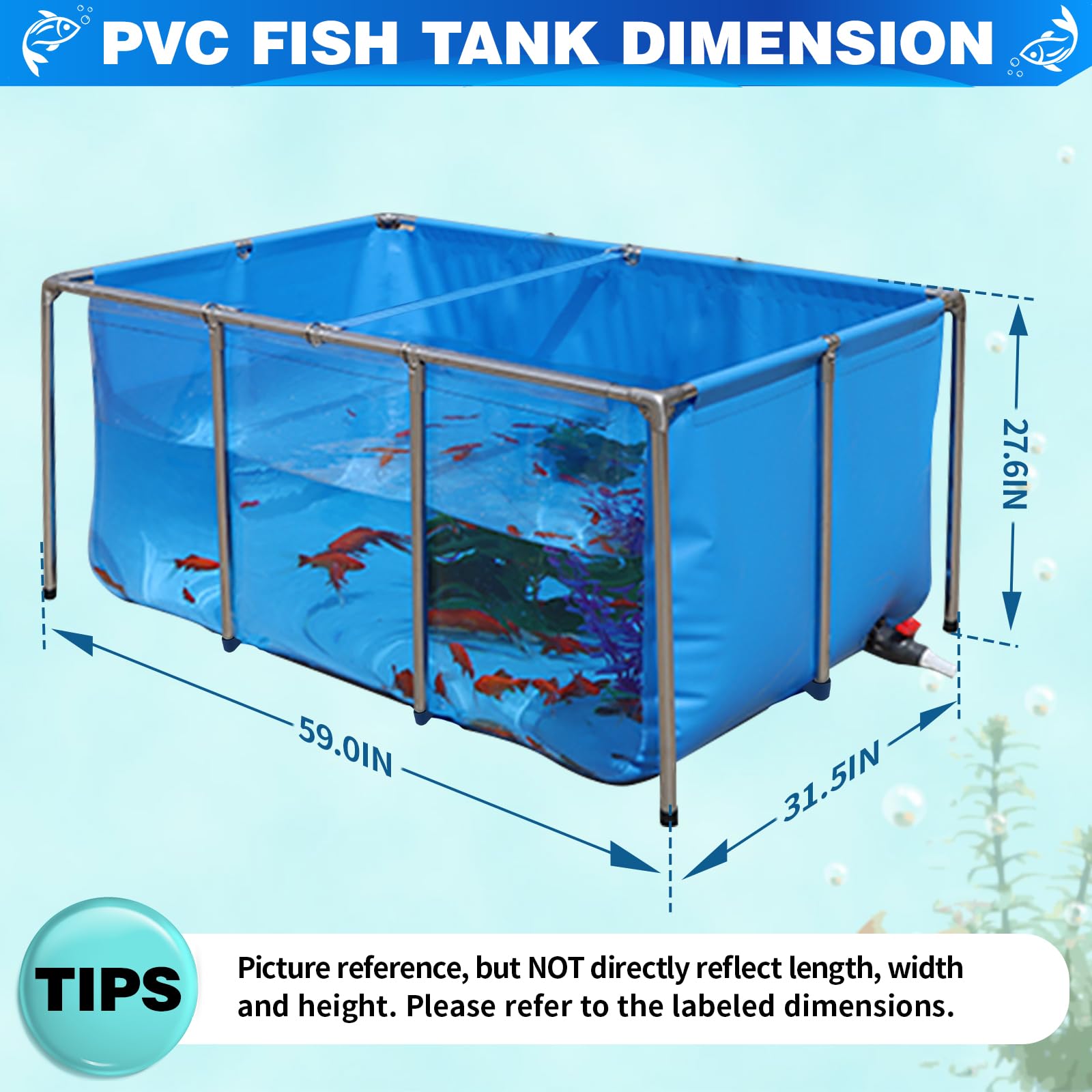 Pvc Koi Aquarium Tank, Temporary Fish Tank With Clear Viewing Panel, Koi/Goldfish Pond With 304Ss Frame & Drain Valve(59.0'' L*3
