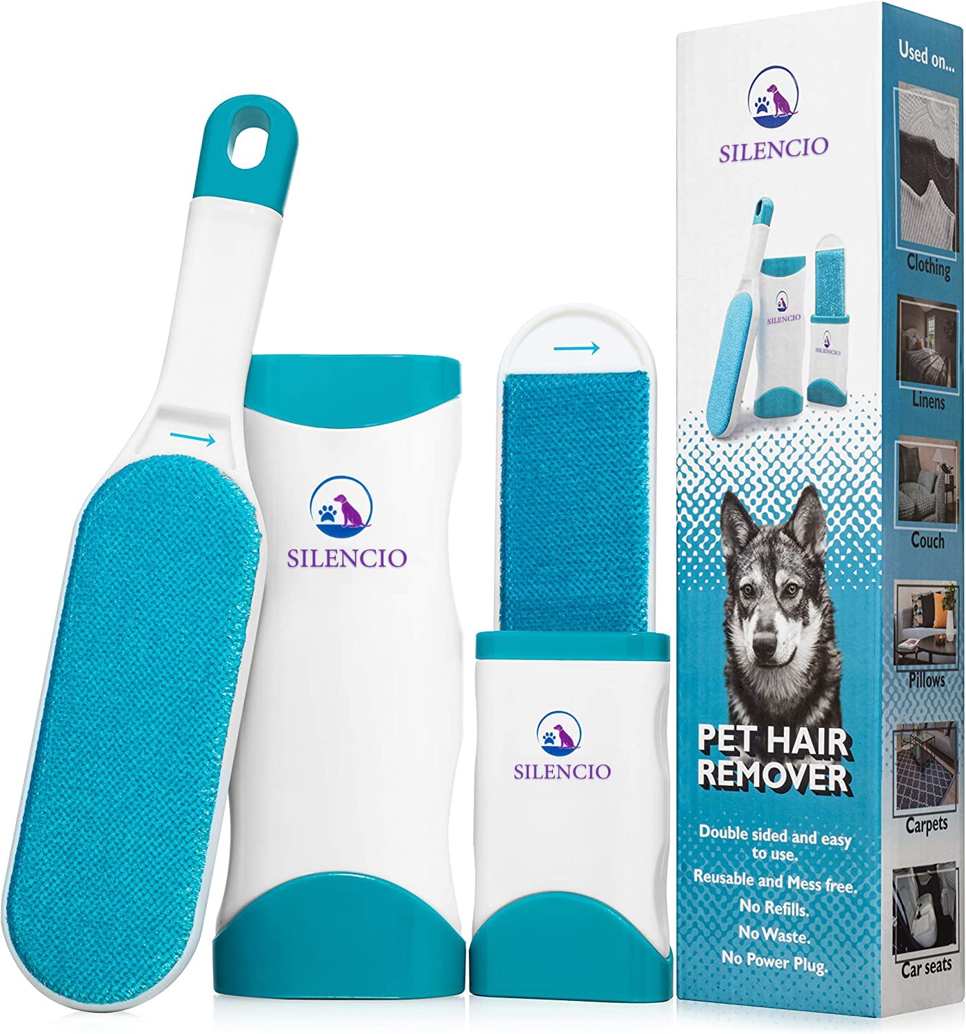Pet Hair Remover Brush  SILENCIO Dog Hair Remover  Lint Brush Pet Hair Remover for Couch  Reusable Fur Remover for Furniture,