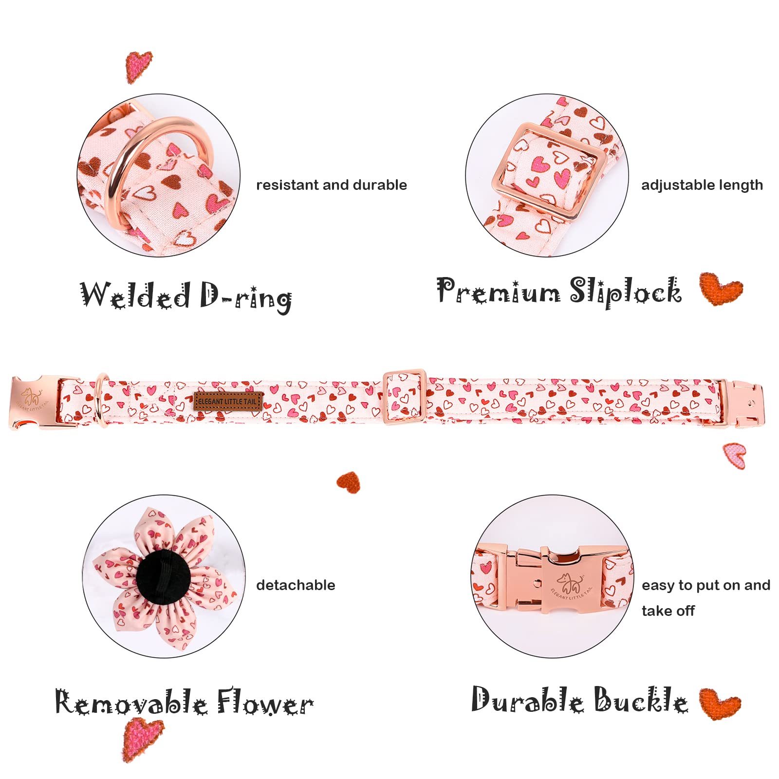 Elegant Little Tail Valentine 'S Heart Dog Collar, Cute Detachable Dog Collar With Flower, Gift Pet Collar Adjustable Dog Collar