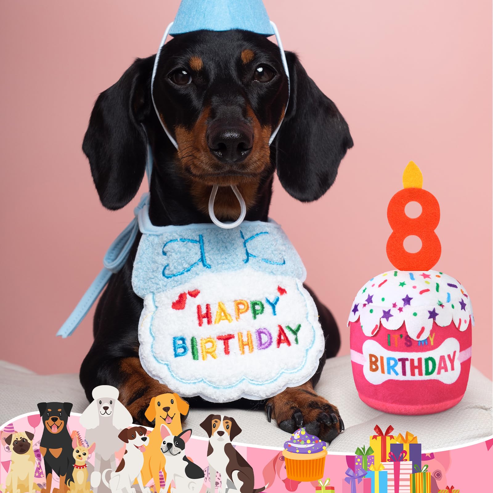 Dansydaisy Dog 8Th Birthday Cake Toy Accessories For Girl Boy Gifts, Pink Squeaky Plush Toy For Dog Birthday Party Decor Favor F