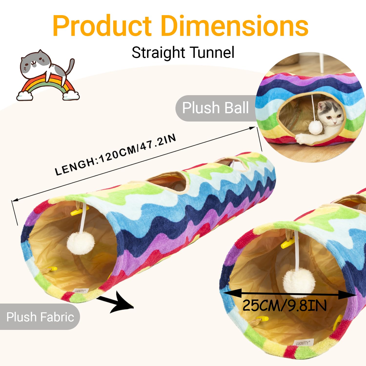 Luckitty Cat Tunnel -Straight-Shaped, Rainbow Wave Color, Soft Velvet Exterior, Oxford Fabric Fog-Proof Interior, Plush Toy Ball, Easily Washable, Conveniently Foldable, 47.2In/120Cm