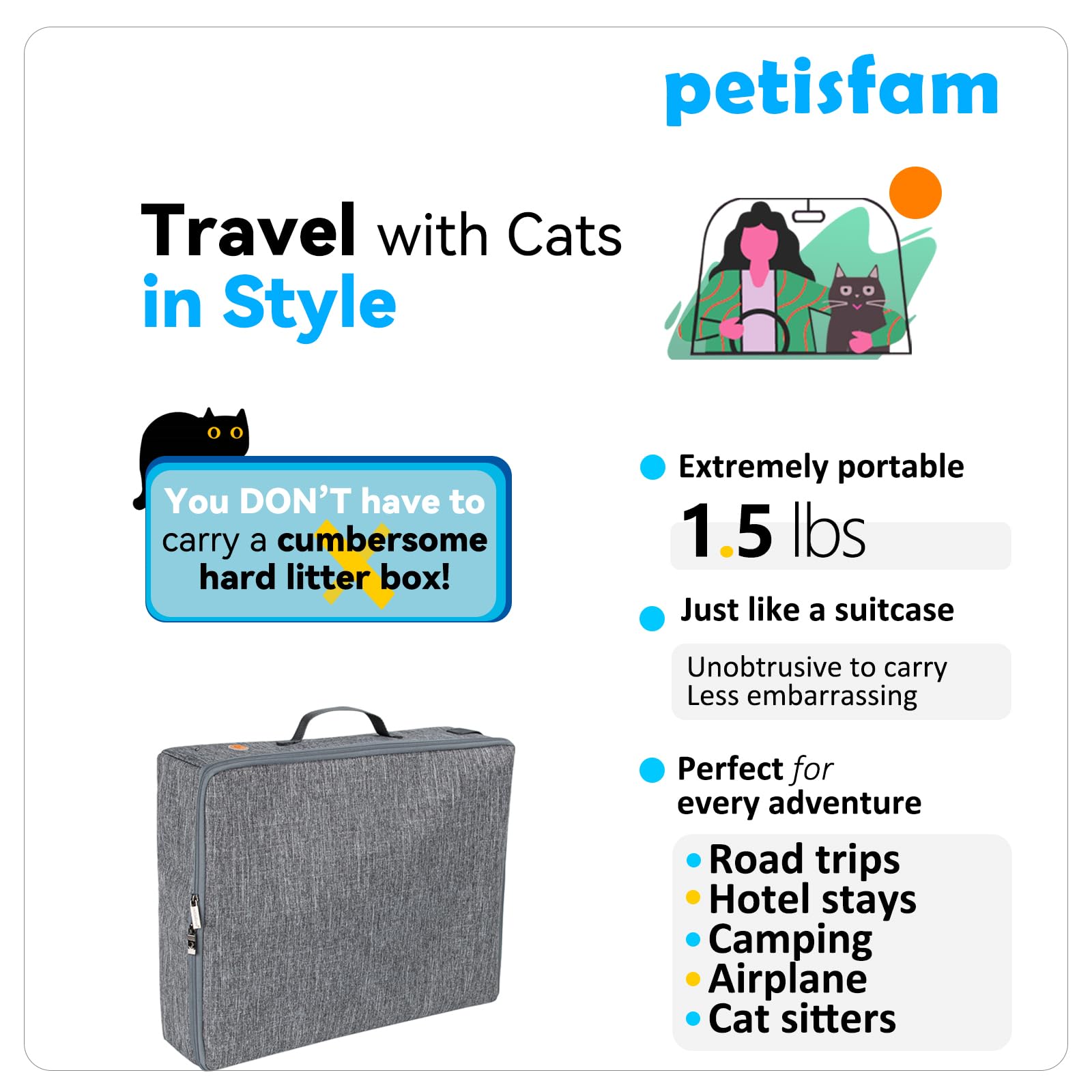 Portable Cat Travel Litter Box with Zipped Lid to Keep Everything Contained. No Odor, Leakage and Messes. Easy to Carry, Clean a