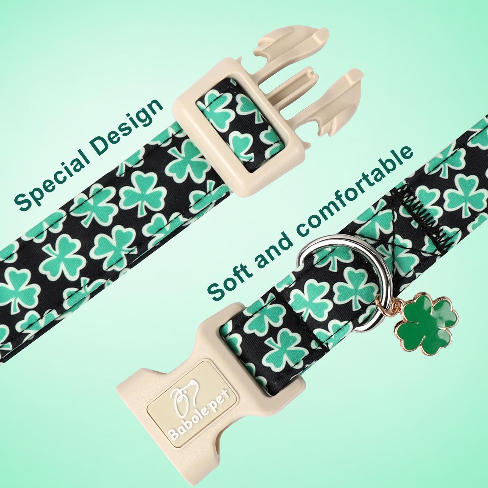 Babole Pet St Patricks Day Clover Dog Collar, Lucky Shamrock Dog Collars, Adjustable Cute Trefoil Dog Collar with Quick Release