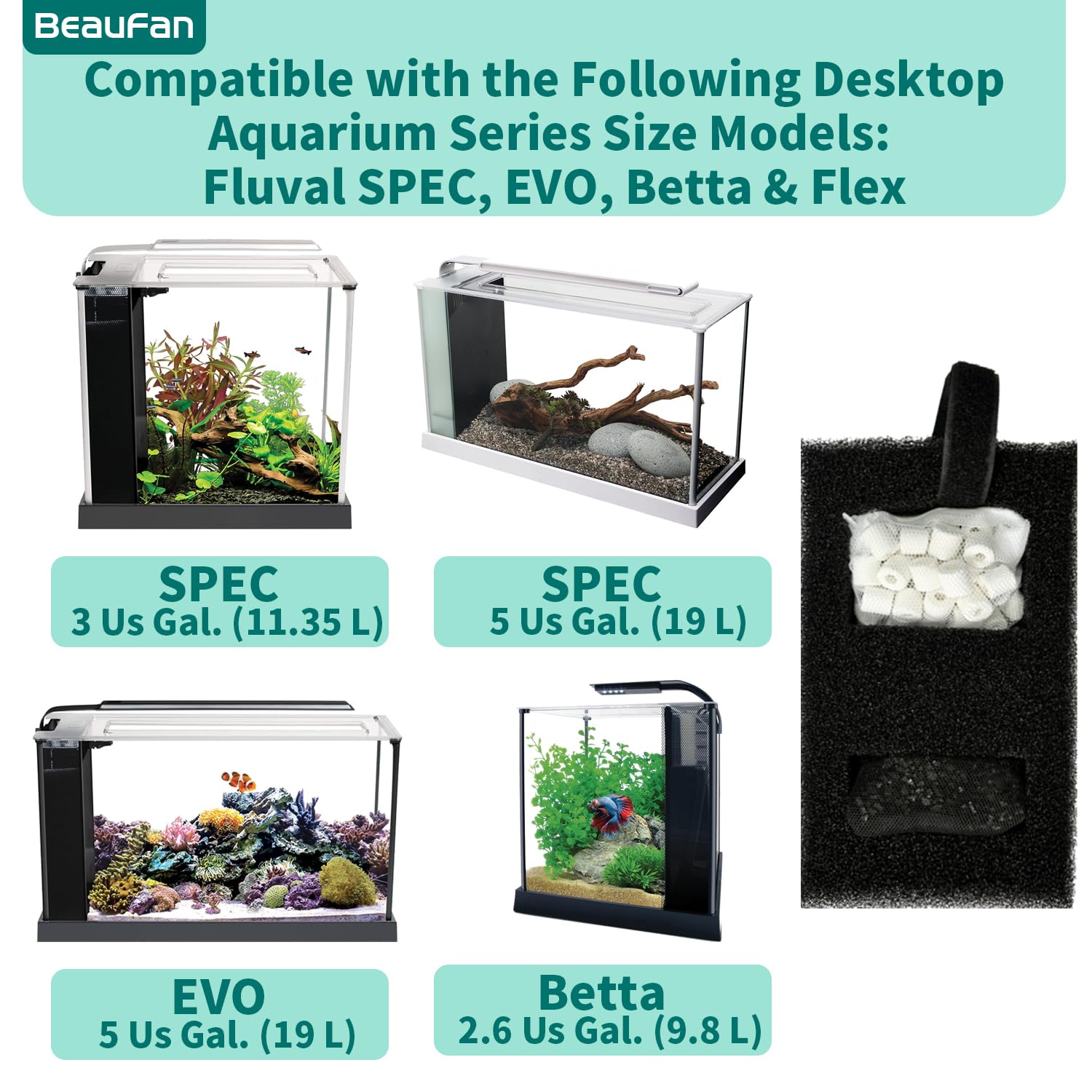 Beaufan 2 Set Aquarium Filter Media Compatible With Fluval Spec, Evo, Betta And Flex Desktop Aquarium Series, Includes 2 Carbon