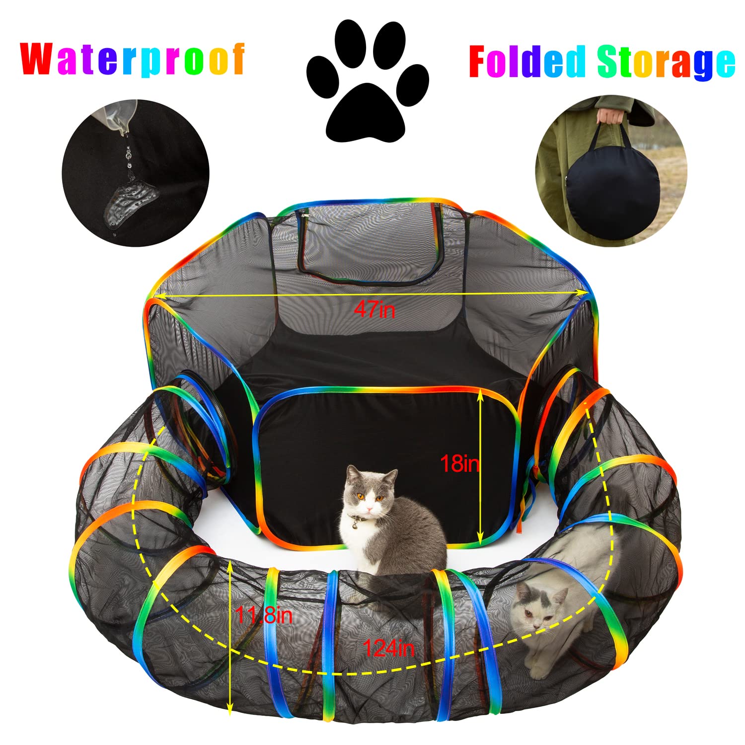 LUCKITTY Outdoor Rainbow Cat Enclosures Playground,Outside House for Indoor Cats Include Portable Cat Tent, Circle Playpen Tunne