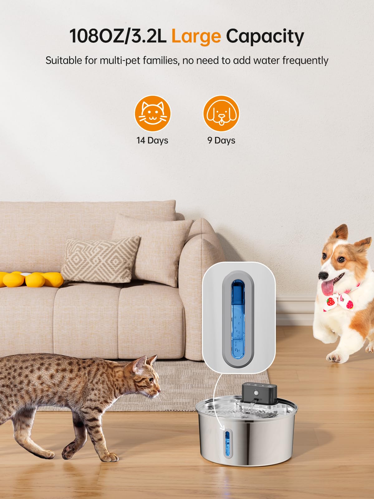 Wireless Cat Water Fountain, Stainless Steel Cordless Cat Fountain, 108Oz/3.2L Automatic Pet Water Fountain, 4000Mah Battery Ope