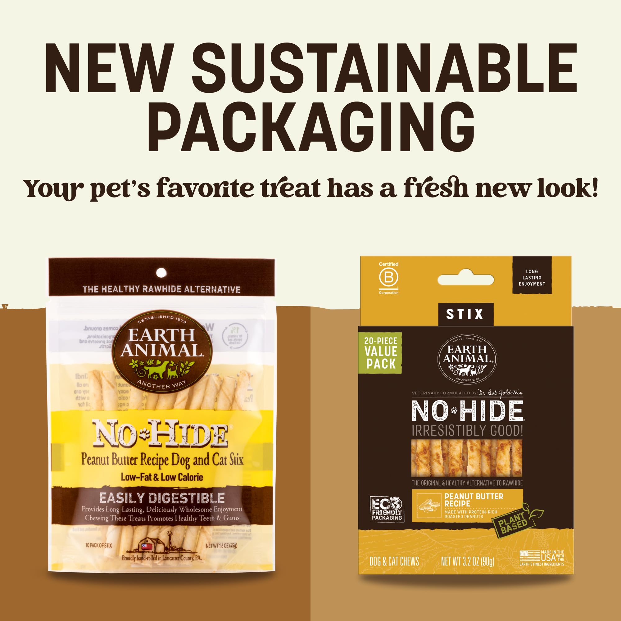 Earth Animal No Hide Stix - Long Lasting Rawhide Free Small Dog Chews Sticks, Peanut Butter - 20 Count Value Pack