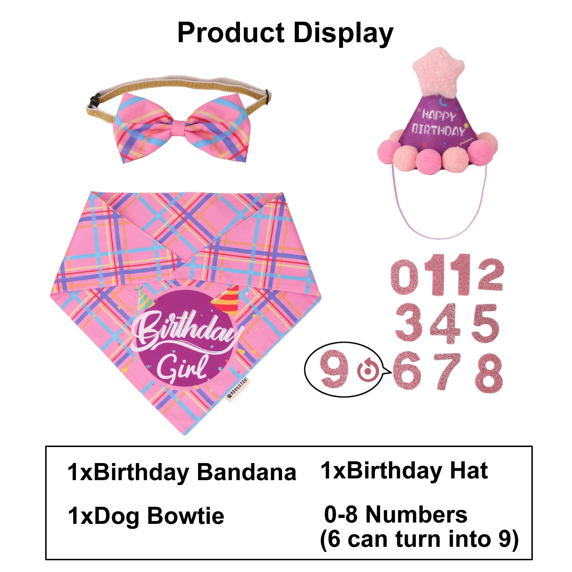 Adoggygo Dog Birthday Party Supplies, Pink Birthday Girl Pet Bandana Hat Bowtie Set For Small Dogs (Small)