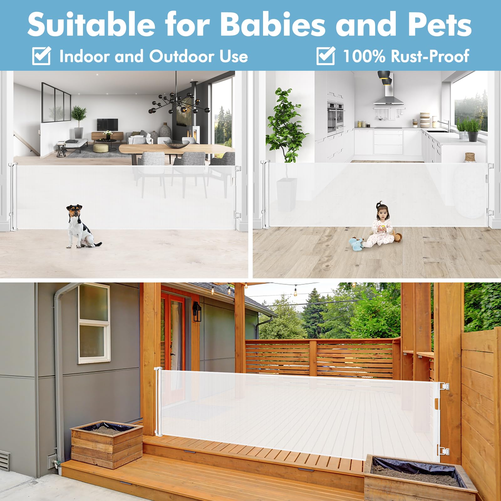 75 Inch Extra Wide Baby Gate For Wide Openings Indoor Outdoor Retractable Baby Gates Extra Wide Retractable Dog Gate Long Baby Gate Dog Gates For The House Extra Wide Child Gates For Doorways, White