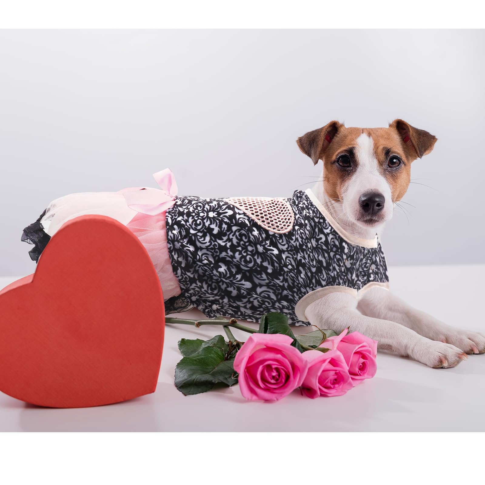 Dog Costume Dress M, Black Floral Top With Pink Tulle Skirt And Bow, Glitter Heart Pet Outfit For 8-9 Lbs Dogs And Cats, Romanti