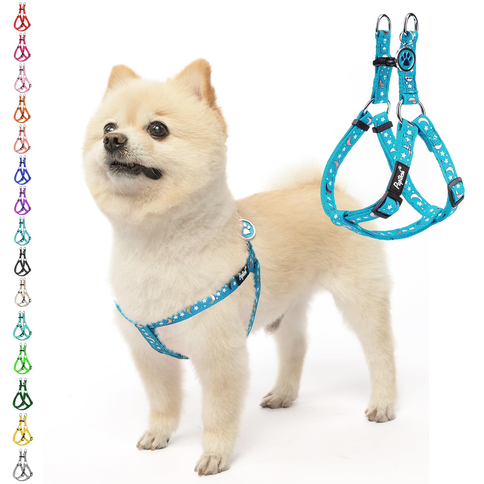 Pupteck No Pull Dog Harness Soft Adjustable Basic Nylon Step In Puppy Vest Outdoor Walking With Id Tag, Moon Star Sky Blue, S