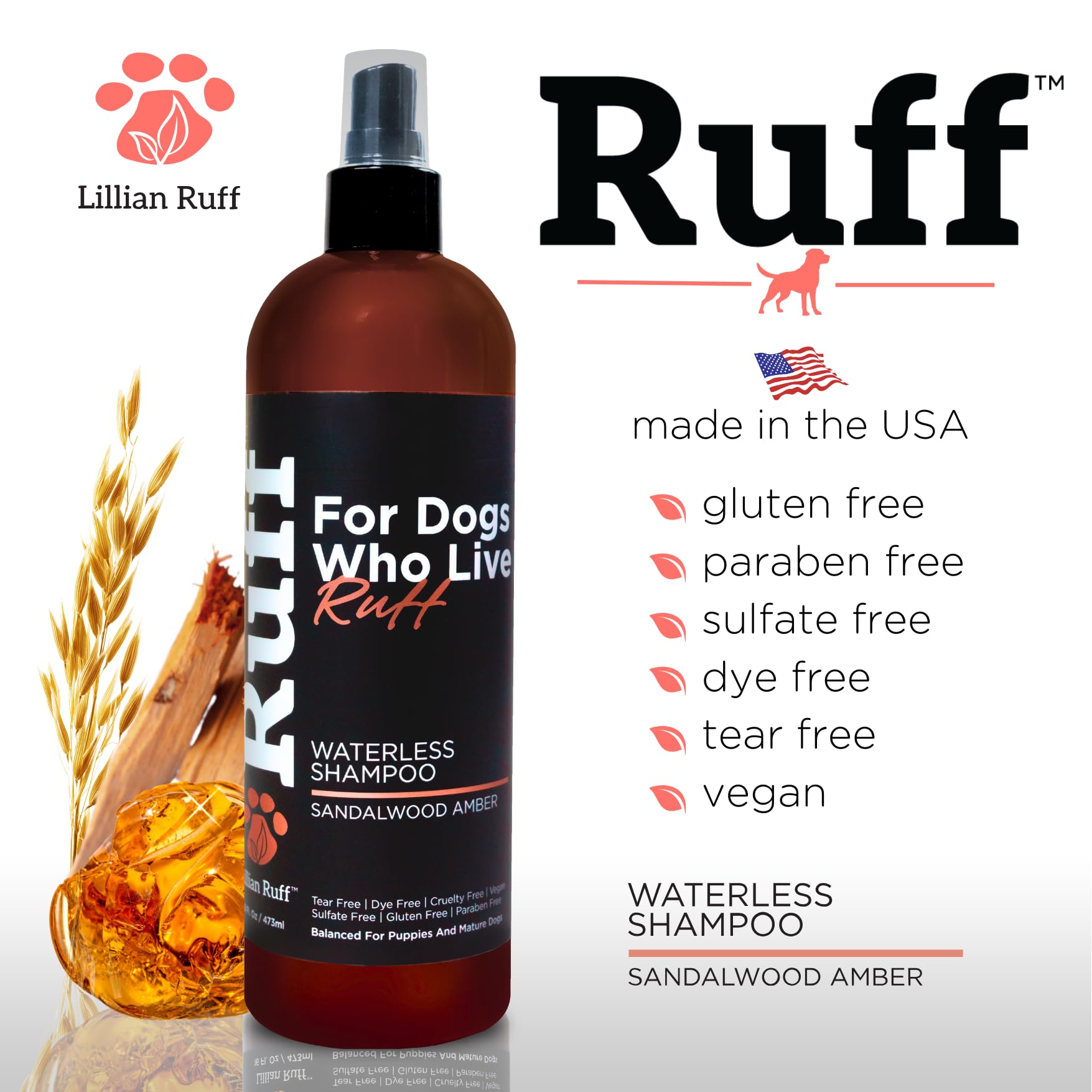Ruff by Lillian Ruff No-Rinse Waterless Dog Shampoo Spray | Sandalwood Amber | Pet Deodorizer | for Cleaning, Conditioning, Deta
