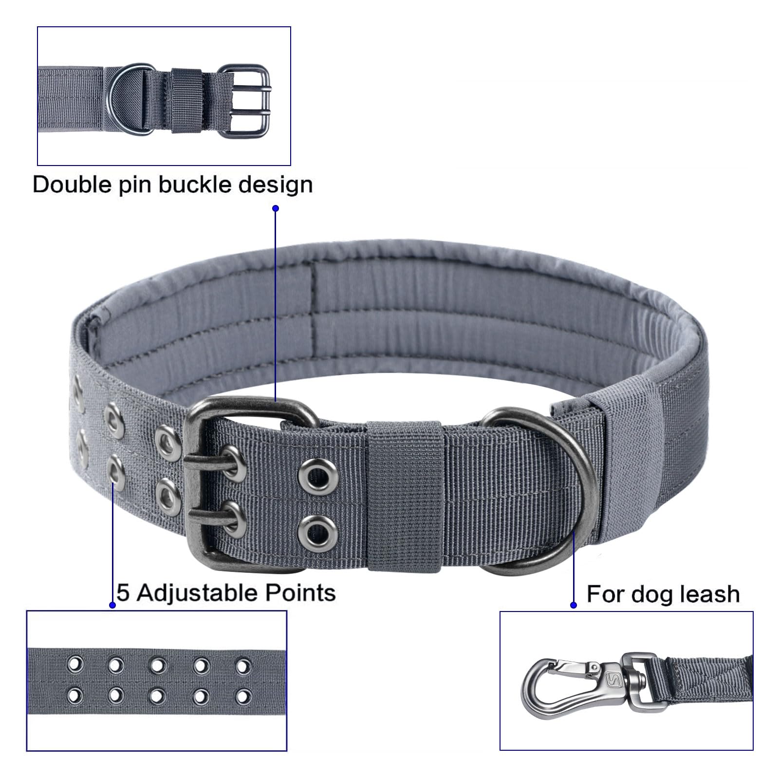 Excellent Elite Spanker 1.5' Width Military Dog Collar Adjustable Metal D Ring & Buckle Working Dog Collar For Medium Large Dogs(Grey-Xl)