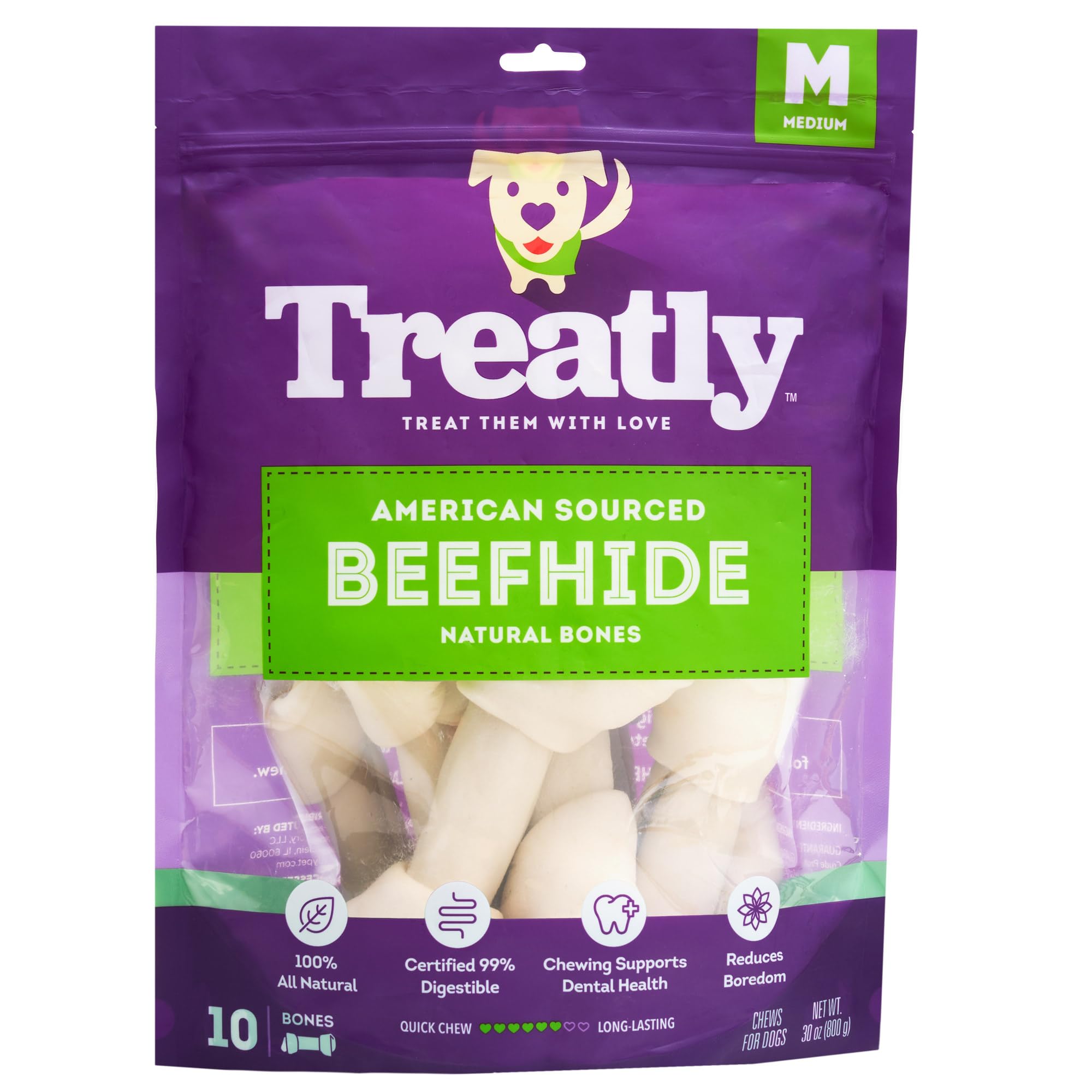 Treatly American Sourced Beefhide Bones 6-7 Dog Chew Treats - Natural Flavor, 10 Count/1 Pack