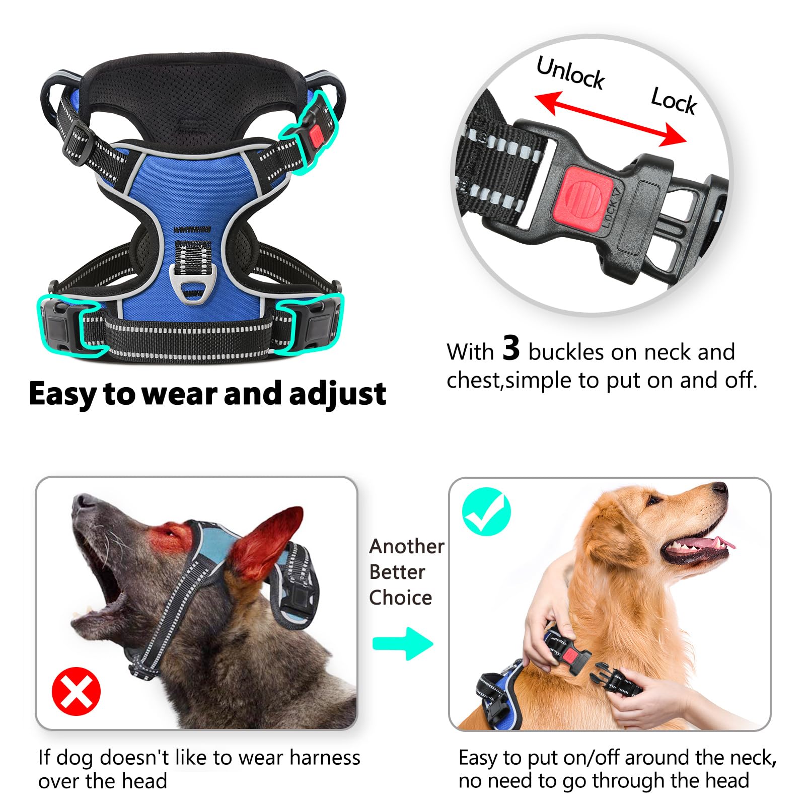 Timos Dog Harness for Medium Dogs, No Pull Service Vest with Reflective Strips and Control Handle,No Choke Dog Harness with 2 Me